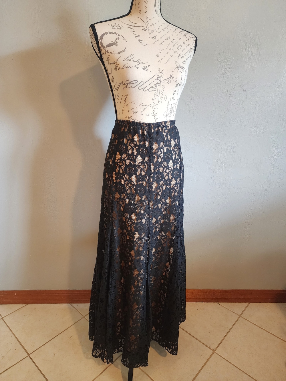 Karen Kane Black Lace Maxi Skirt with Nude Underlay